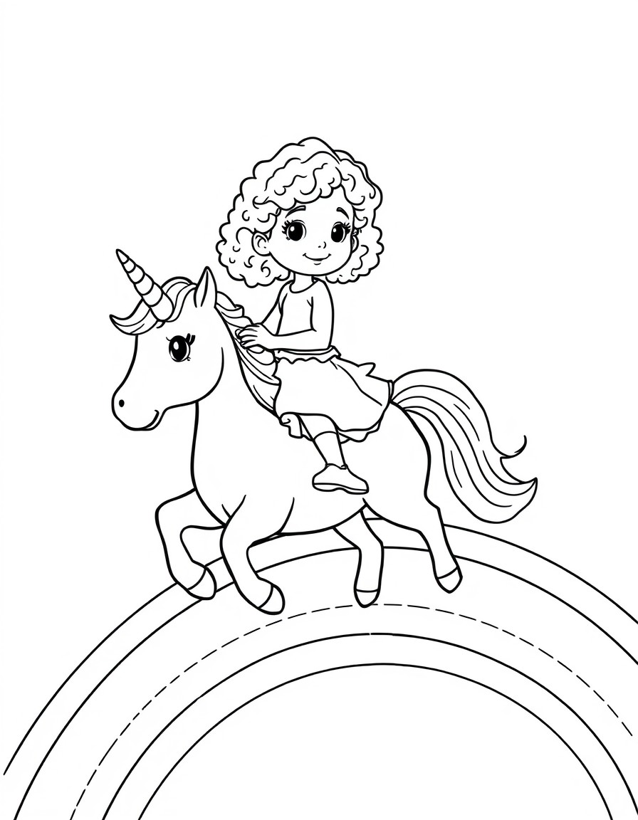 a four year old girl with curly hair riding a unicorn across a rainbow