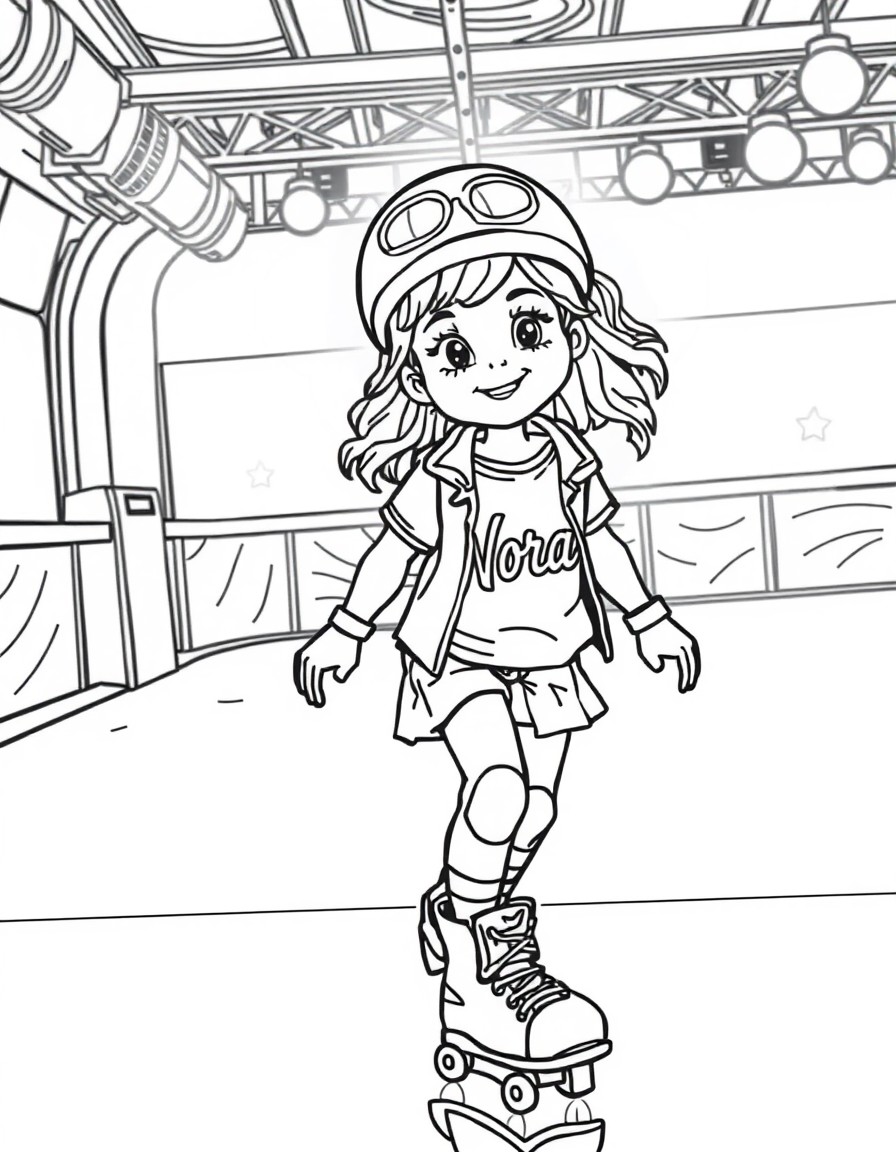 a 7 year old girl roller skating in a disco rink with a rockstar outfit on with the name "Nora" on the shirt