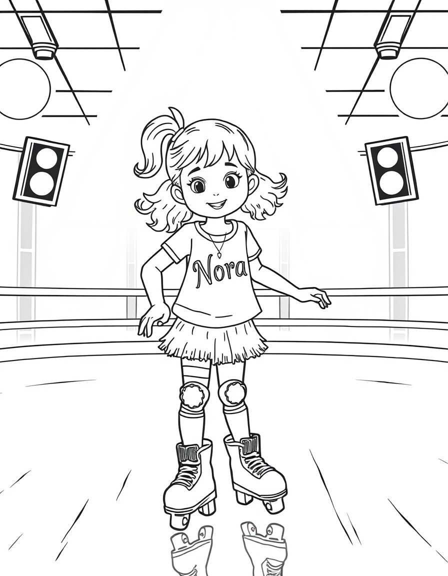 a 7 year old girl roller skating in a disco rink with a rockstar outfit on with the name "Nora" on the shirt