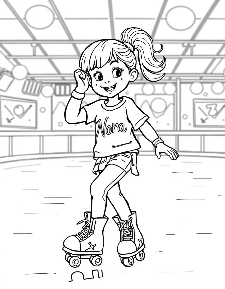 a 7 year old girl roller skating in a disco rink with a rockstar outfit on with the name "Nora" on the shirt