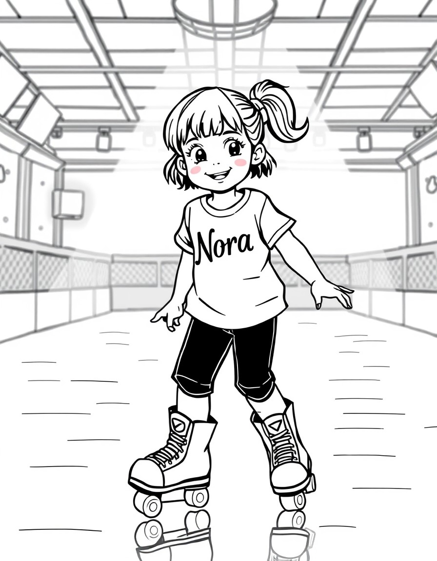 a 7 year old girl roller skating in a disco rink with a rockstar outfit on with the name "Nora" on the shirt