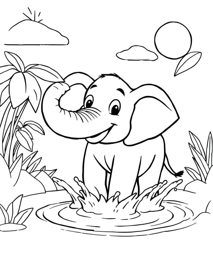 Create a fun and simple coloring page featuring a cheerful elephant splashing water with its trunk in a sunny jungle setting