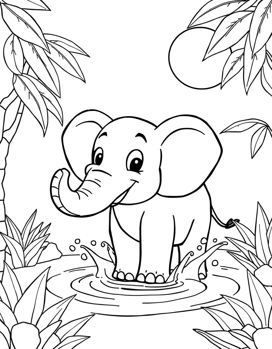 Create a fun and simple coloring page featuring a cheerful elephant splashing water with its trunk in a sunny jungle setting