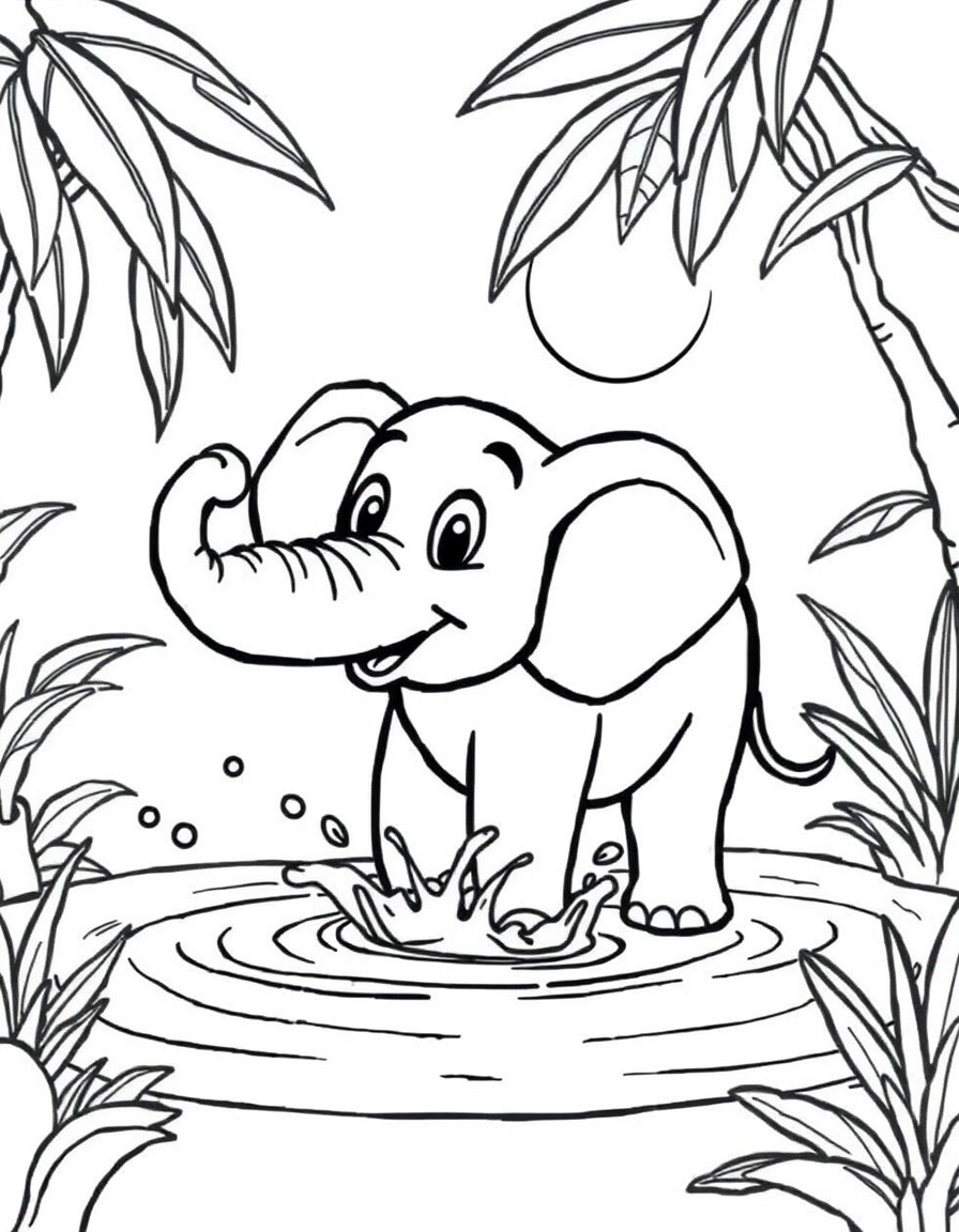 Create a fun and simple coloring page featuring a cheerful elephant splashing water with its trunk in a sunny jungle setting