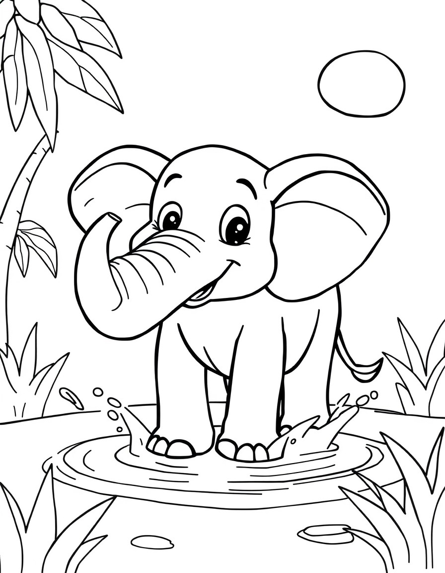 Create a fun and simple coloring page featuring a cheerful elephant splashing water with its trunk in a sunny jungle setting