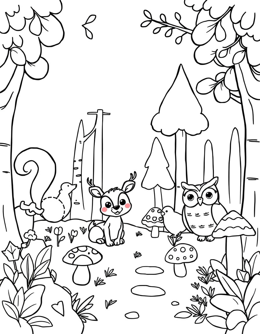 Design a playful scene of a forest with cute animals like a squirrel a deer and an owl surrounded by trees and mushrooms