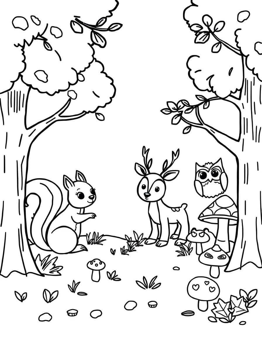 Design a playful scene of a forest with cute animals like a squirrel a deer and an owl surrounded by trees and mushrooms