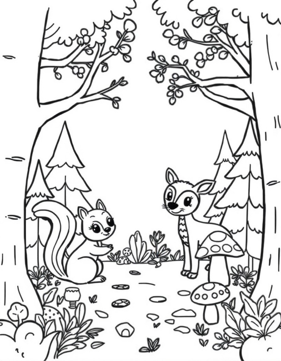 Design a playful scene of a forest with cute animals like a squirrel a deer and an owl surrounded by trees and mushrooms