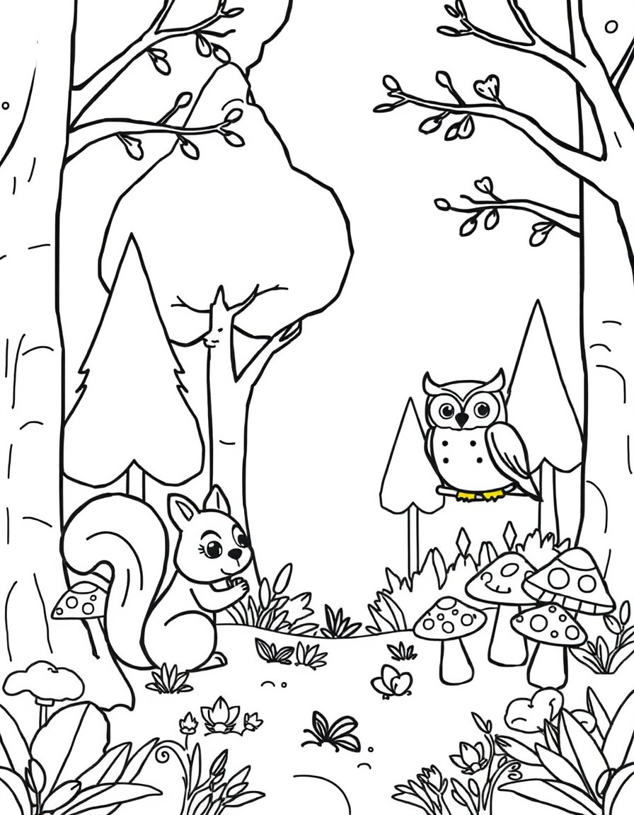 Design a playful scene of a forest with cute animals like a squirrel a deer and an owl surrounded by trees and mushrooms