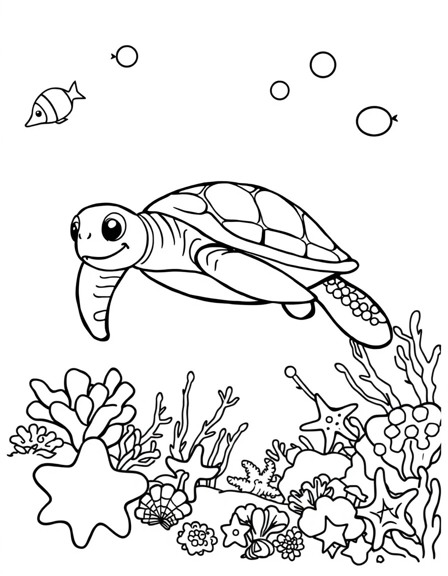 Illustrate a coloring page of a happy sea turtle swimming in a coral reef with fish seashells and starfish