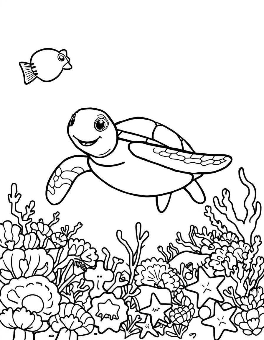 Illustrate a coloring page of a happy sea turtle swimming in a coral reef with fish seashells and starfish