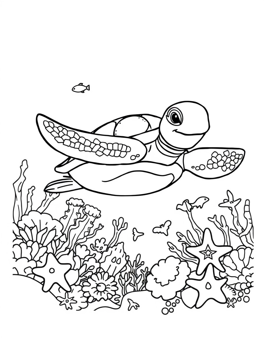 Illustrate a coloring page of a happy sea turtle swimming in a coral reef with fish seashells and starfish