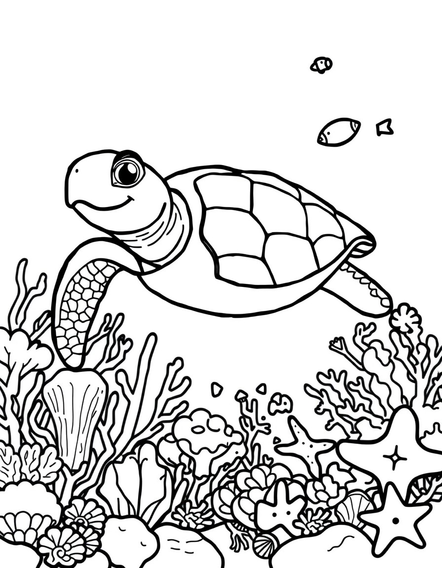 Illustrate a coloring page of a happy sea turtle swimming in a coral reef with fish seashells and starfish