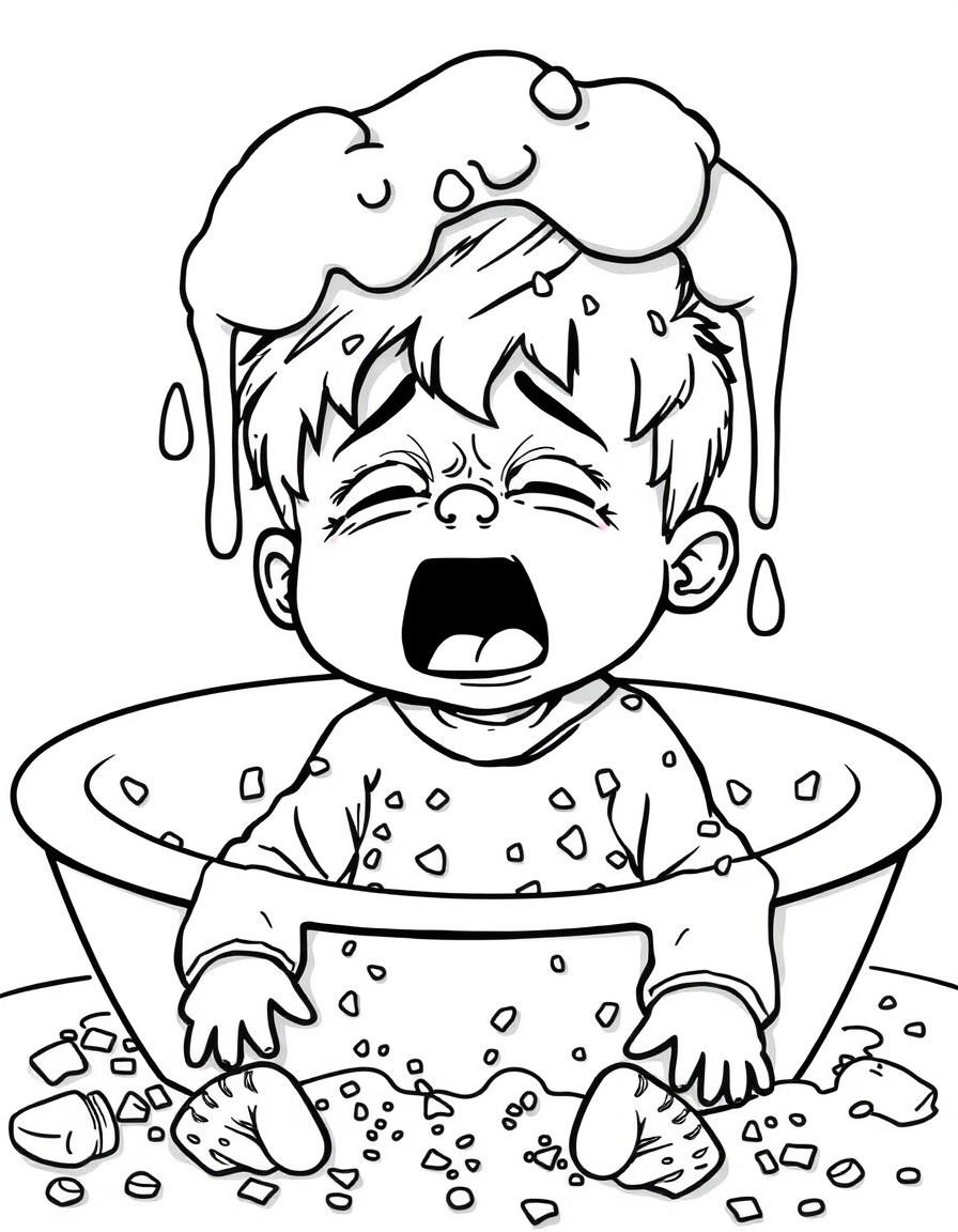 Three year old Fudge refused to eat his dinner and his dad got upset and placed him in the tub and dumped it on his head. Fudge's clothes are covered in bits of food and he is screaming and crying. Hi