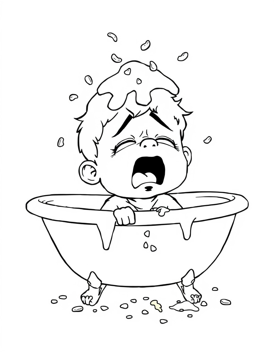 Three year old Fudge refused to eat his dinner and his dad got upset and placed him in the tub and dumped it on his head. Fudge's clothes are covered in bits of food and he is screaming and crying. Hi