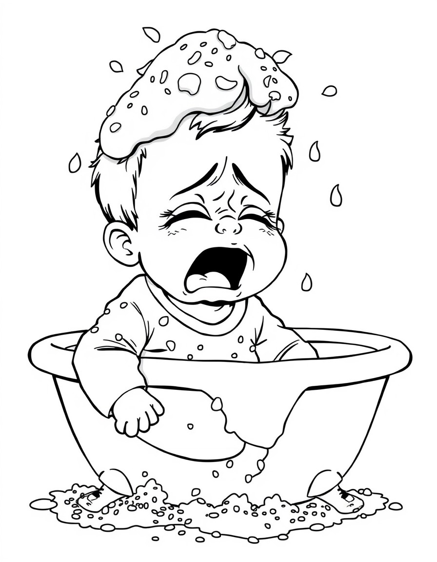 Three year old Fudge refused to eat his dinner and his dad got upset and placed him in the tub and dumped it on his head. Fudge's clothes are covered in bits of food and he is screaming and crying. Hi