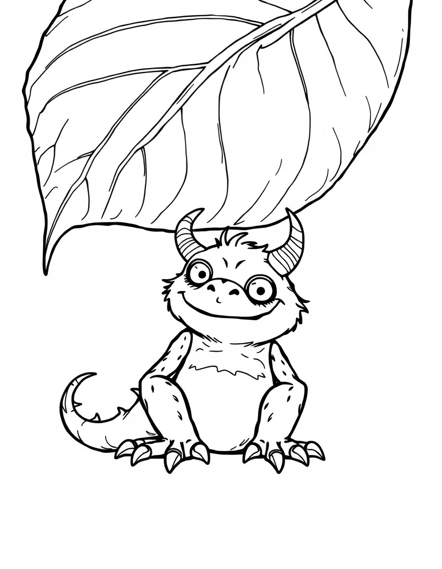 Cute little monster, sitting below giant leaf