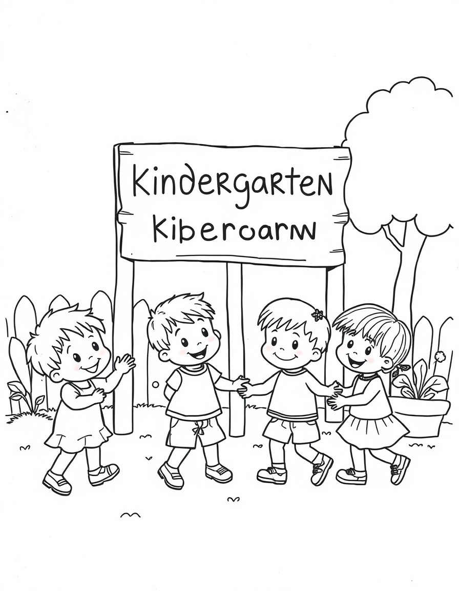 Children are playing in a kindergarten and there is a sign behind them.