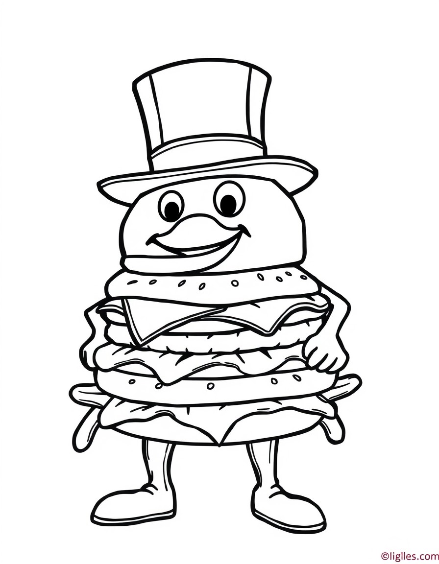A hamburger man with a top hat with french fry legs