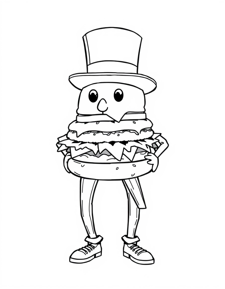 A hamburger man with a top hat with french fry legs