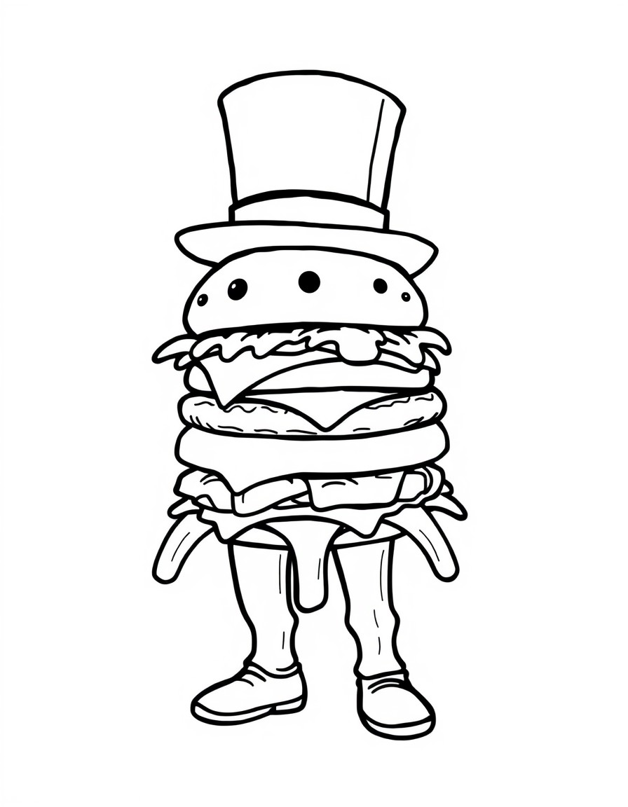 A hamburger man with a top hat with french fry legs