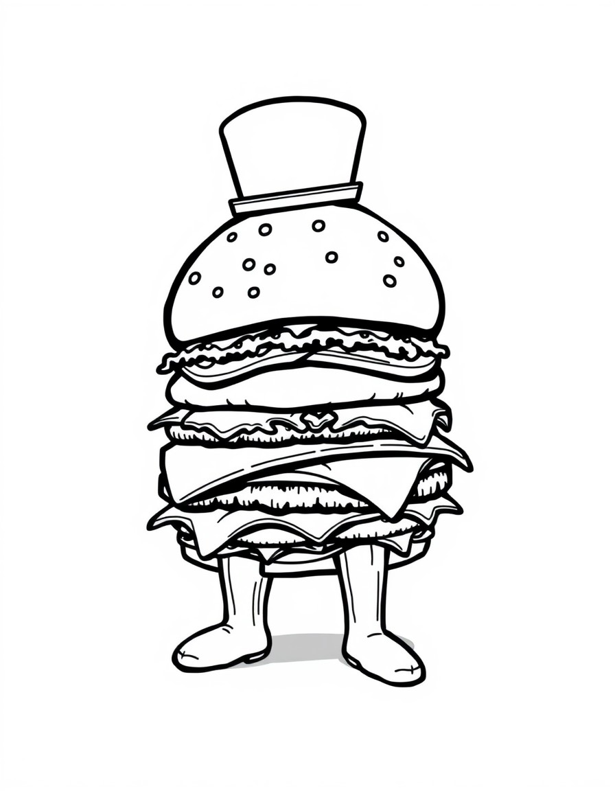 A hamburger man with a top hat with french fry legs