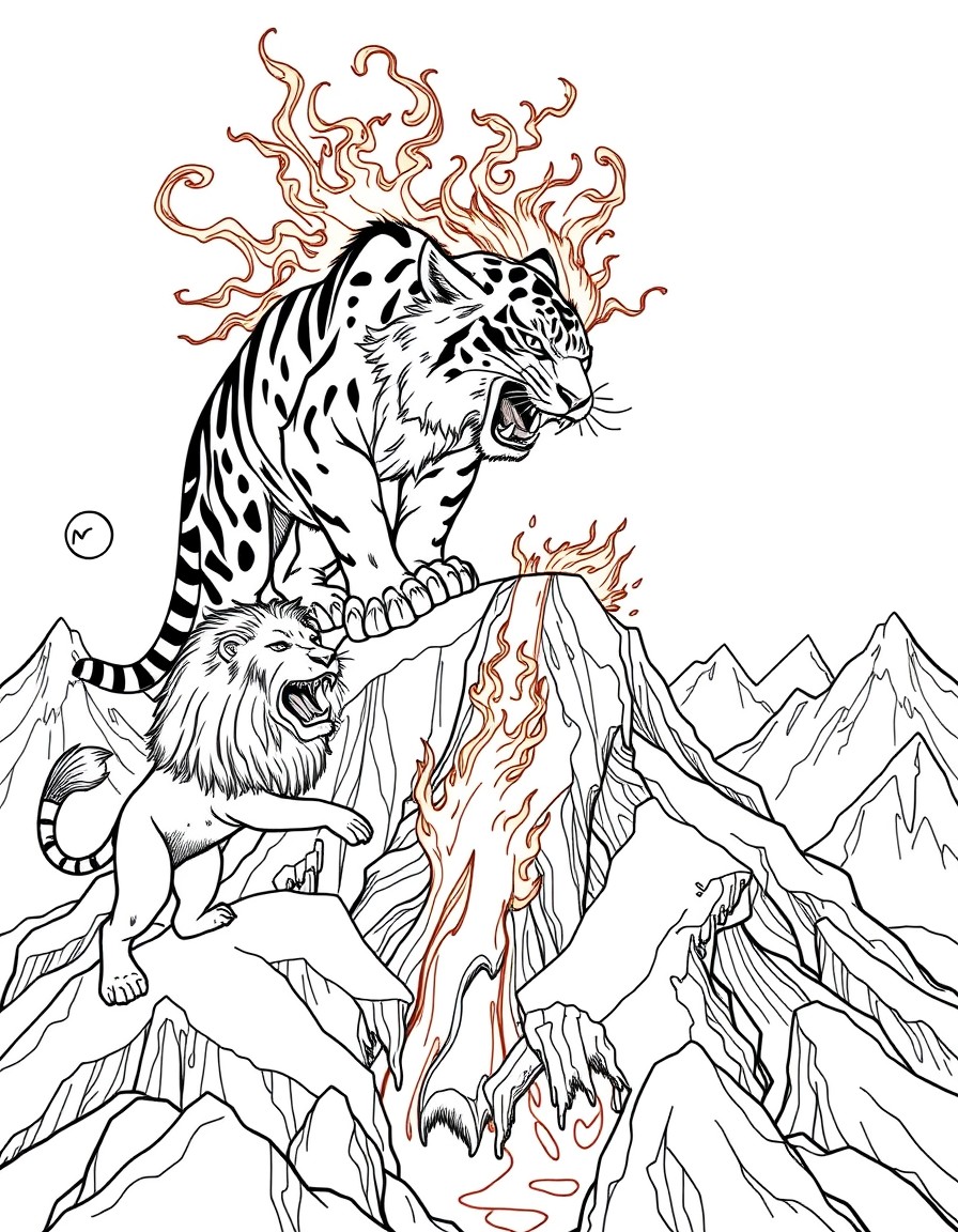 Image of a fiery tiger on top of ice peaks to fight with wild lions on top of a volcano with molten material