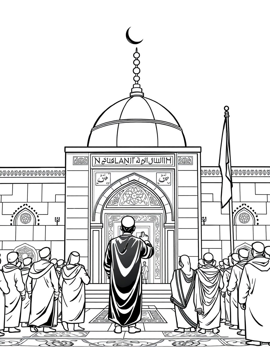 A color image of the muezzin facing the porch of Najaf in the early morning, with Ya'ali flags and the people there showing their affection.