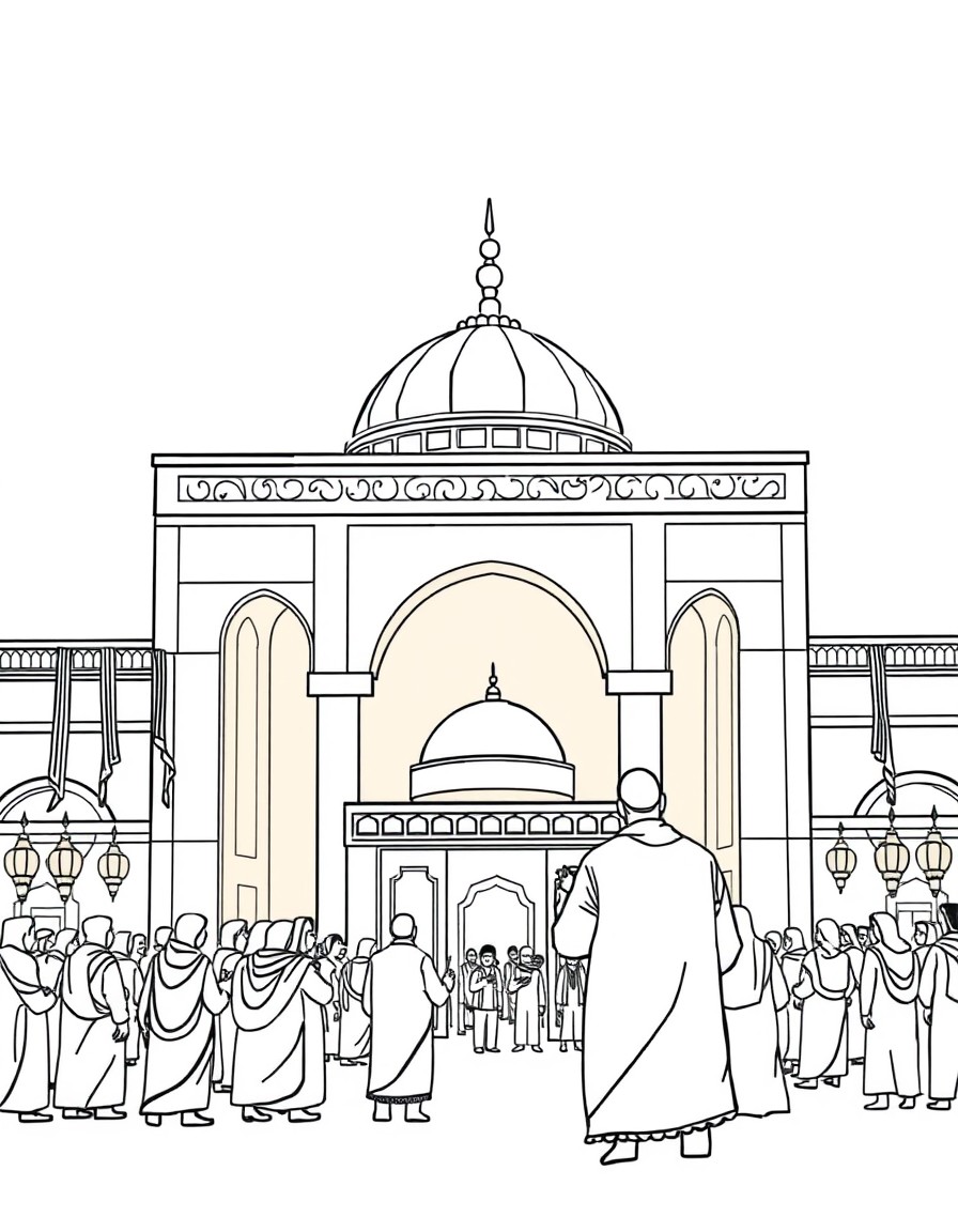 A color image of the muezzin facing the porch of Najaf in the early morning, with Ya'ali flags and the people there showing their affection.