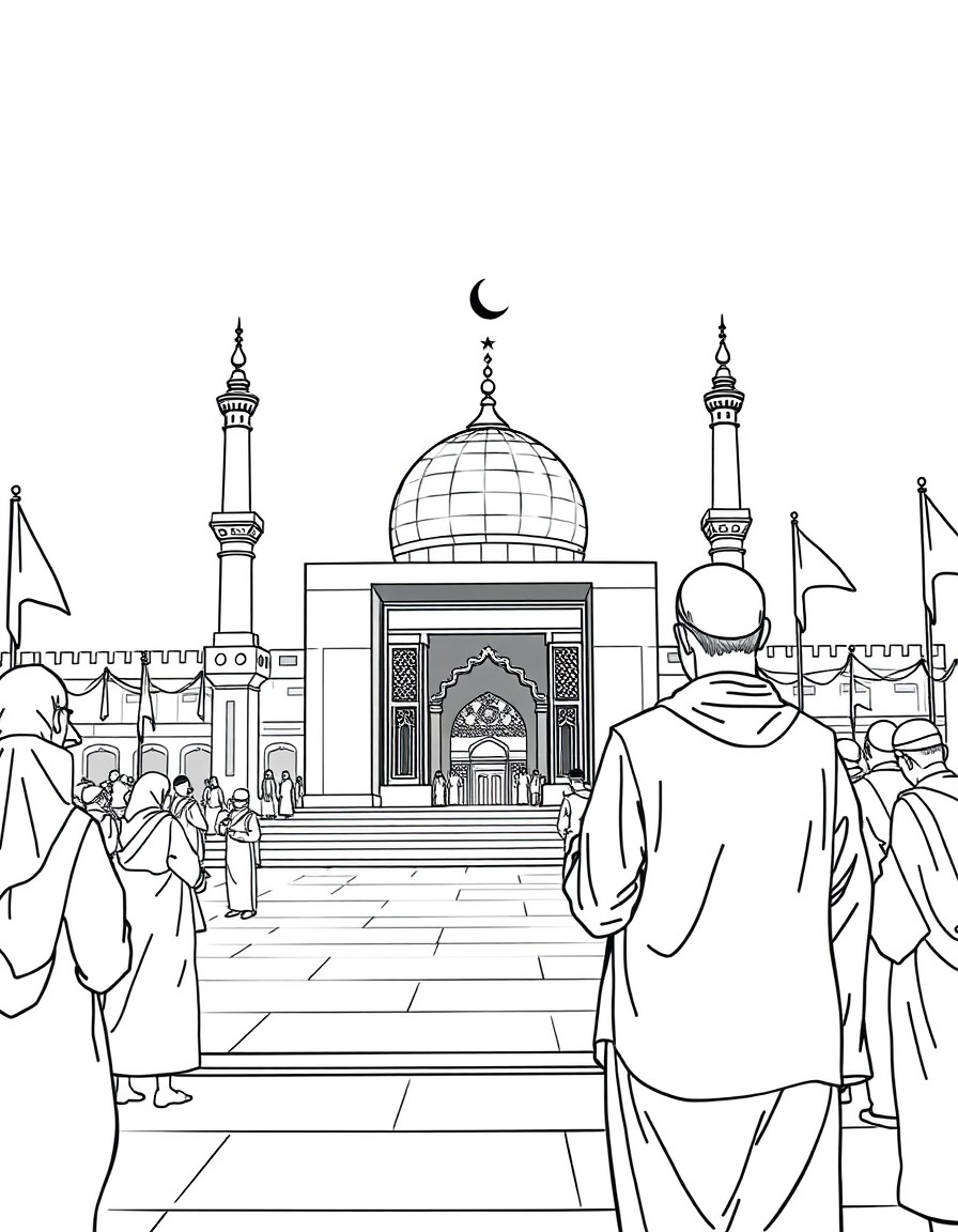 A color image of the muezzin facing the porch of Najaf in the early morning, with Ya'ali flags and the people there showing their affection.