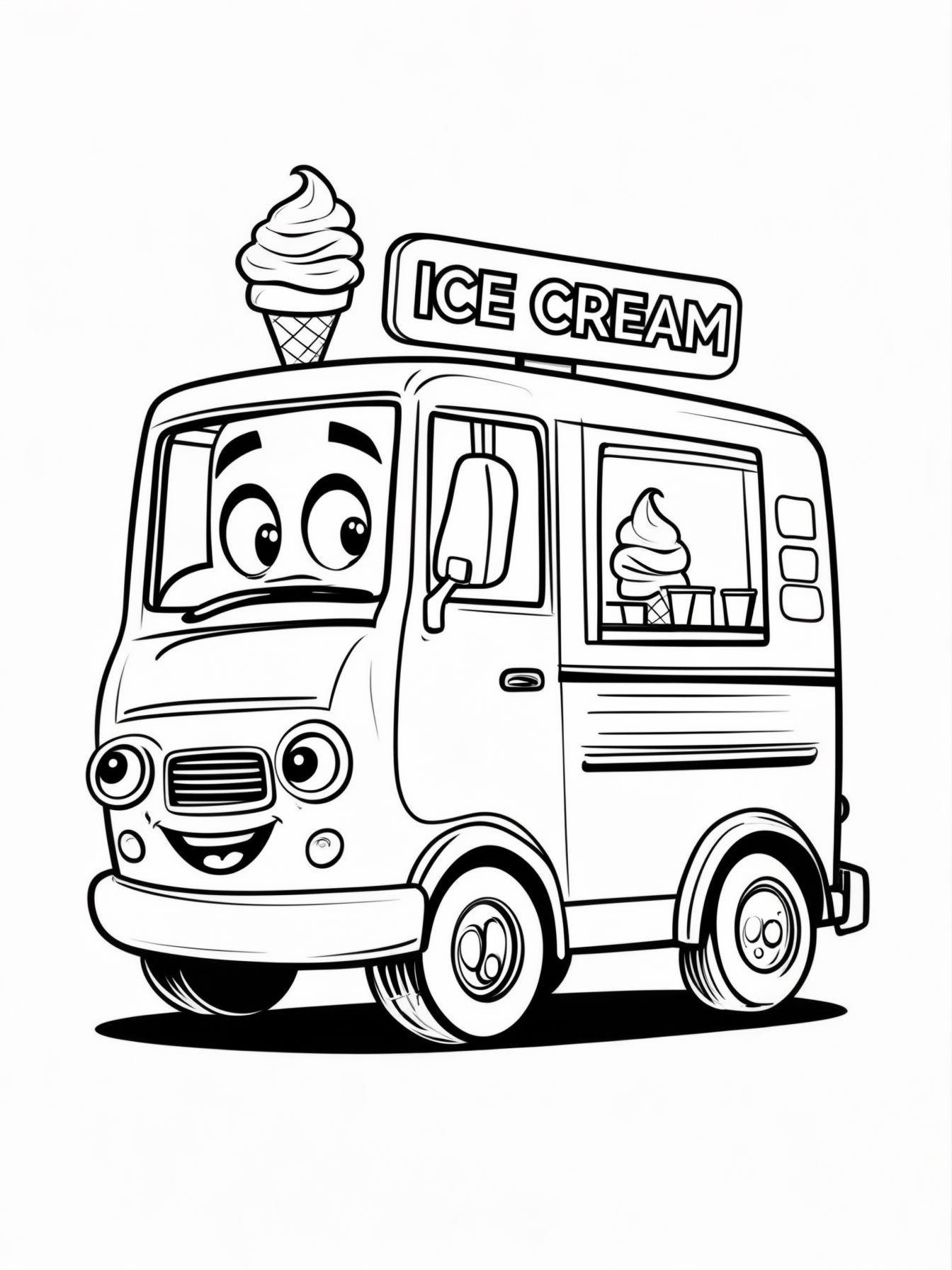cartoon ice cream truck coloring page, smiling face, ice cream sign on top, simple bold lines, very easy for kids to color, no background