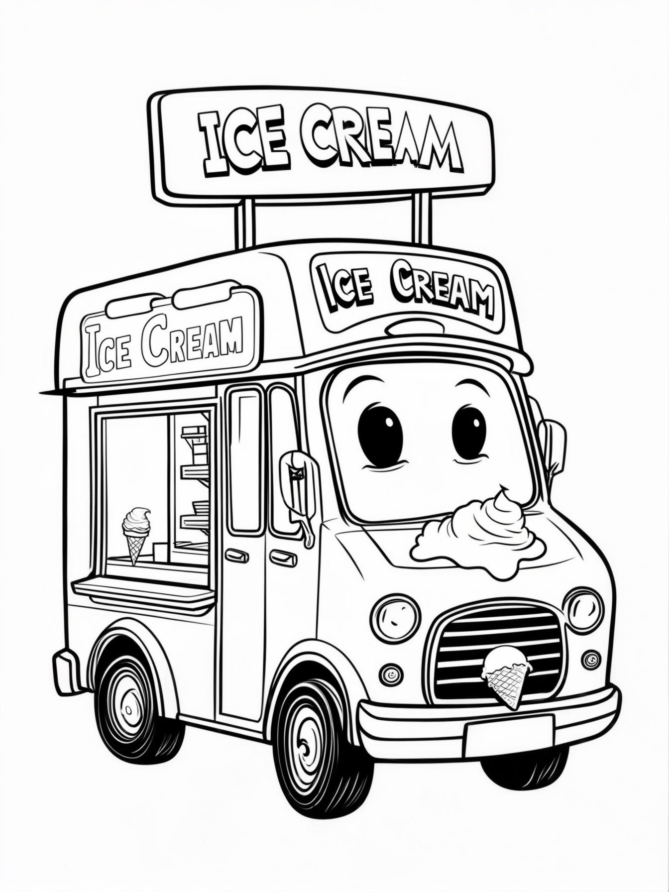 cartoon ice cream truck coloring page, smiling face, ice cream sign on top, simple bold lines, very easy for kids to color, no background