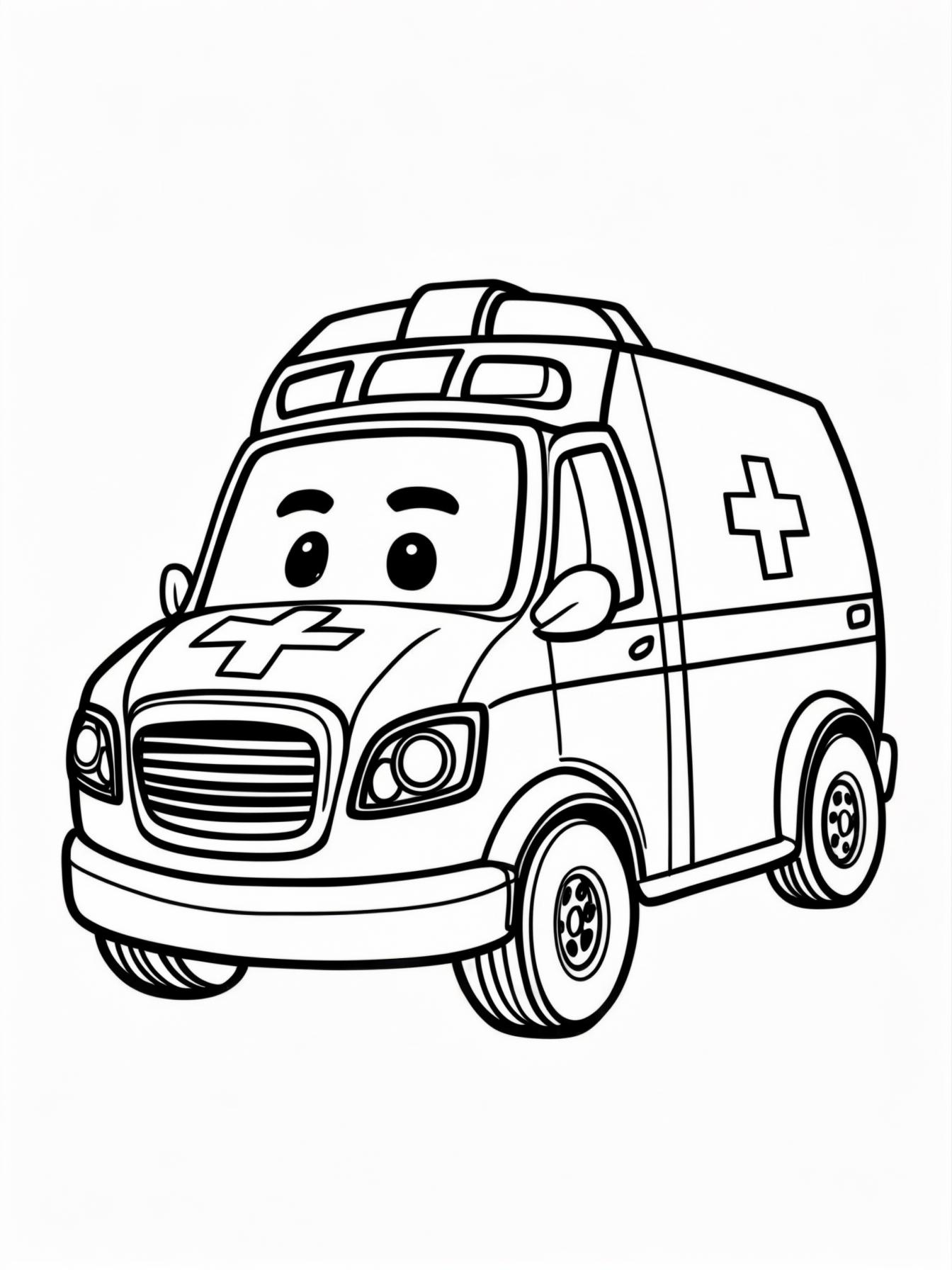 cute ambulance coloring page for toddlers, simple bold design, siren on top, friendly cartoon face, thick black lines, no background