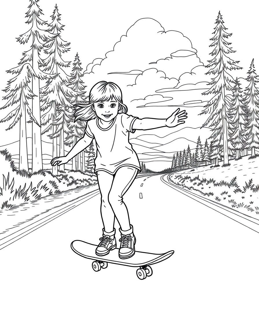 Ellie, age 9, skateboarding on a frontage road on Lake Pend Oreille in Hope Idaho.