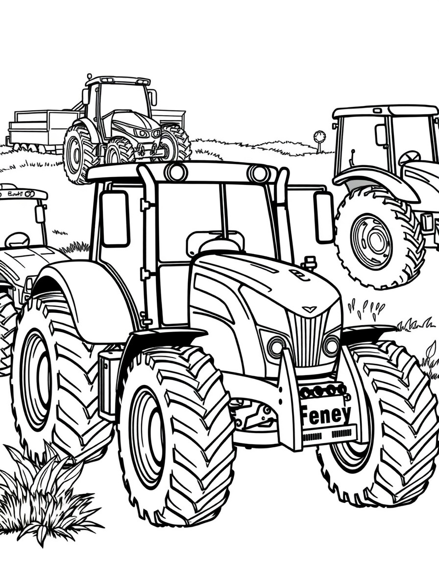 different tractors with farming tools