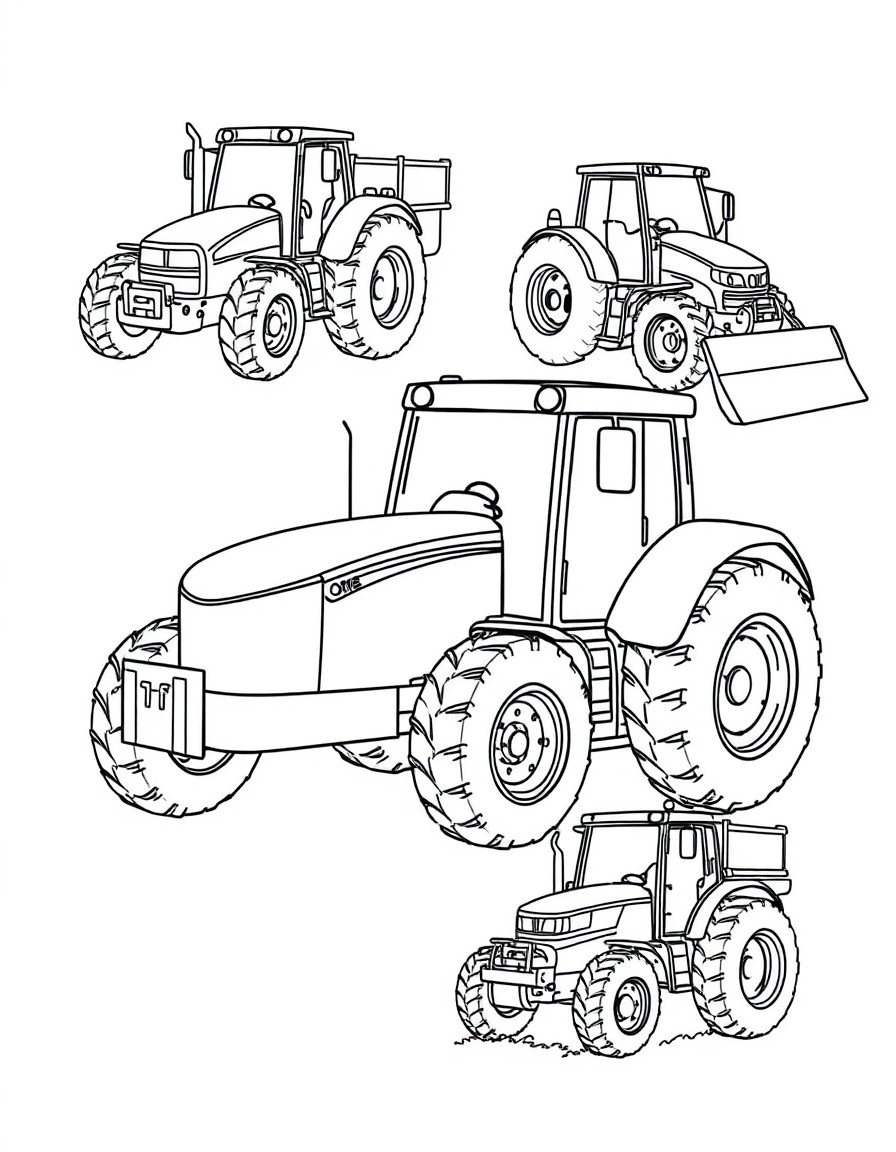 different tractors with farming tools