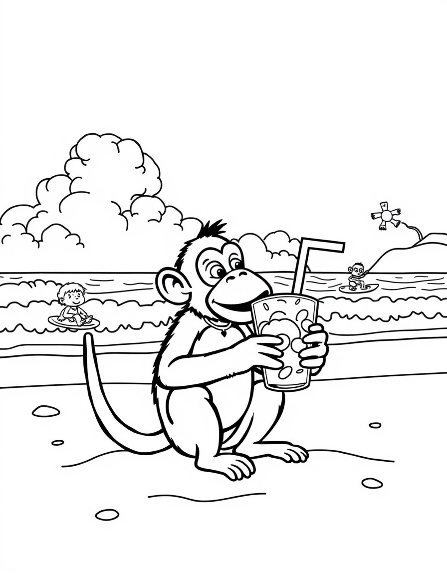 monkey drinking iced tea on the beach with surfers riding waves in the background