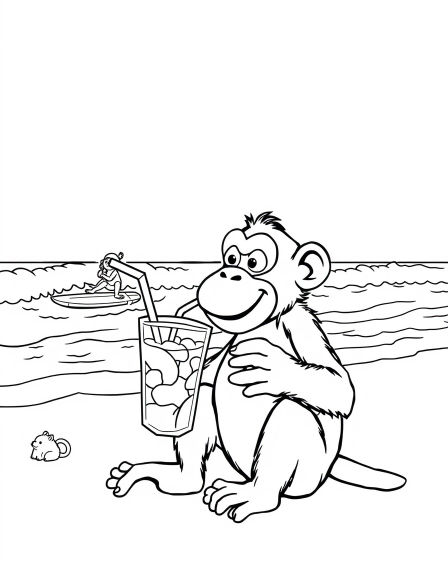 monkey drinking iced tea on the beach with surfers riding waves in the background