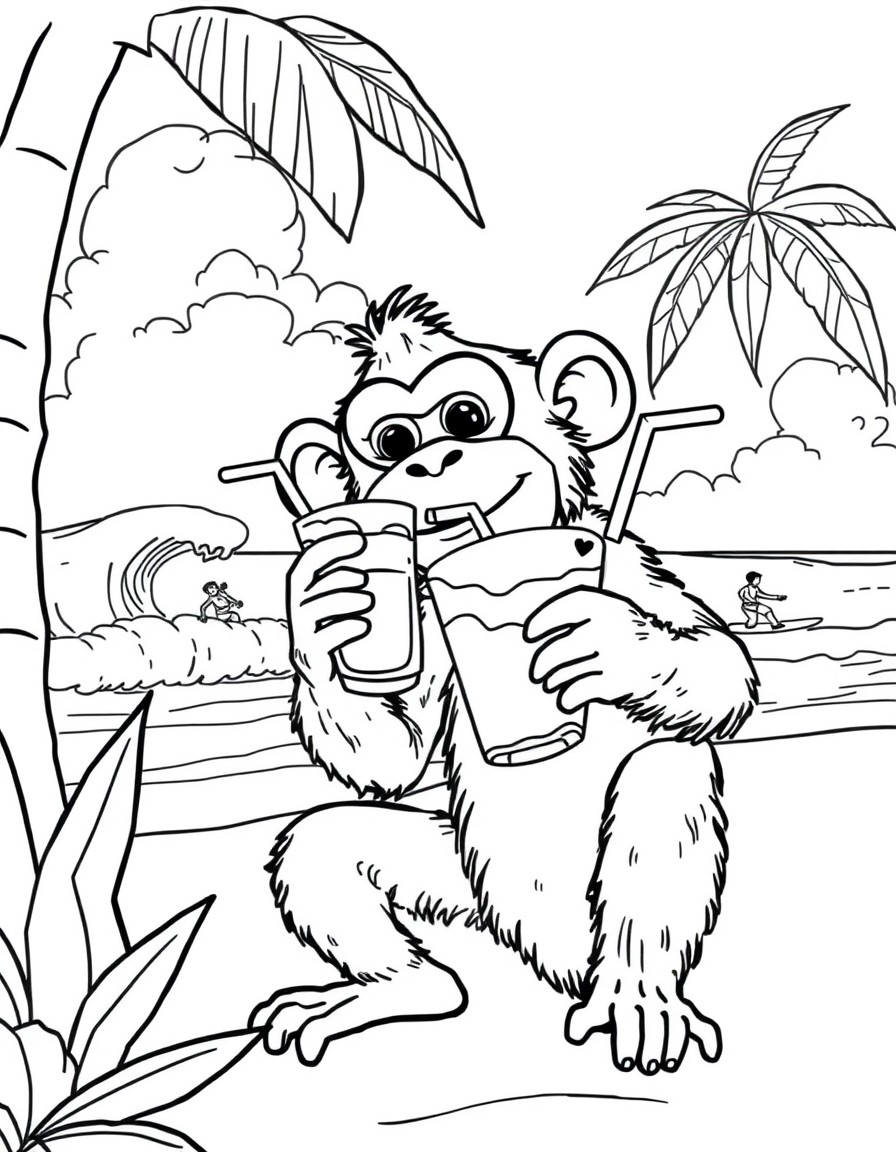 monkey drinking iced tea on the beach with surfers riding waves in the background