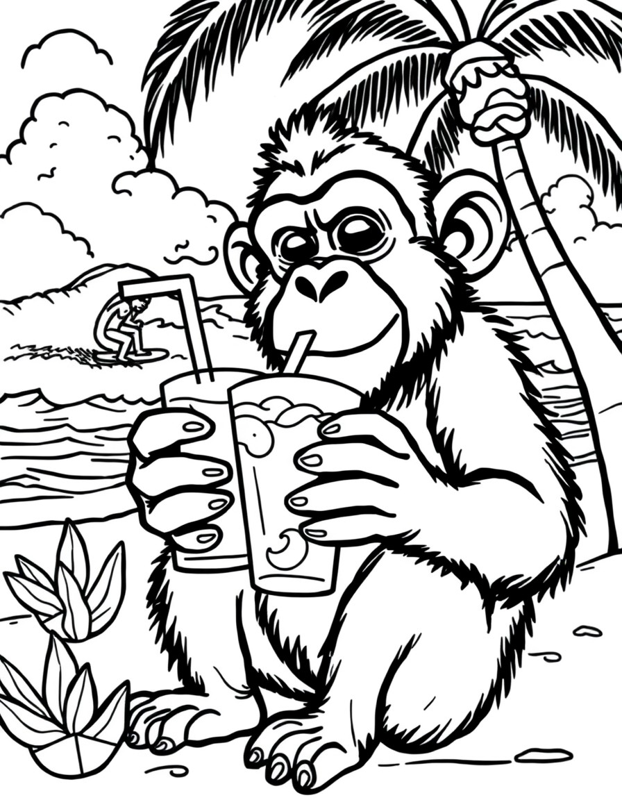 monkey drinking iced tea on the beach with surfers riding waves in the background