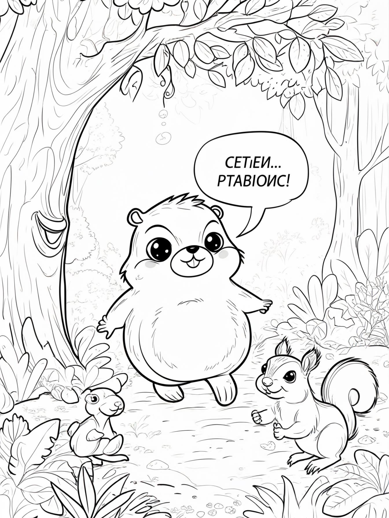 Babubu walking through a magical forest  cute cartoon style  coloring page  8.5x11  Babubu talking to a smiling tree  whimsical forest scene  coloring book  Babubu playing with forest animals squirrel
