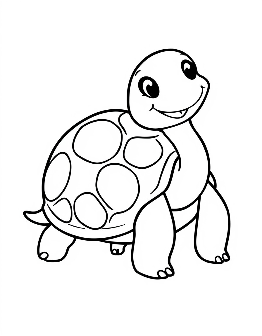 A smiling turtle with a simple shell design.