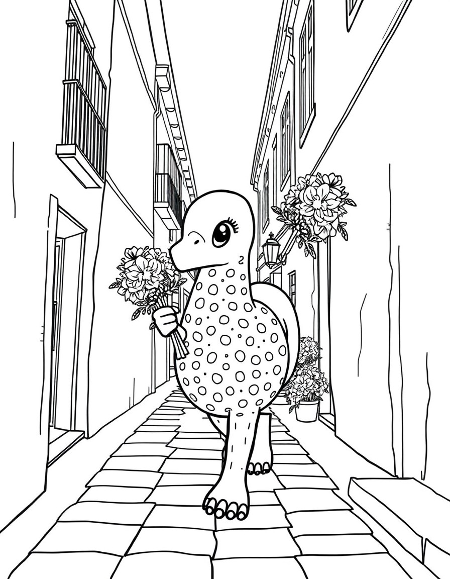 una galleta caminando por la calle con un ramo de flores en la mano