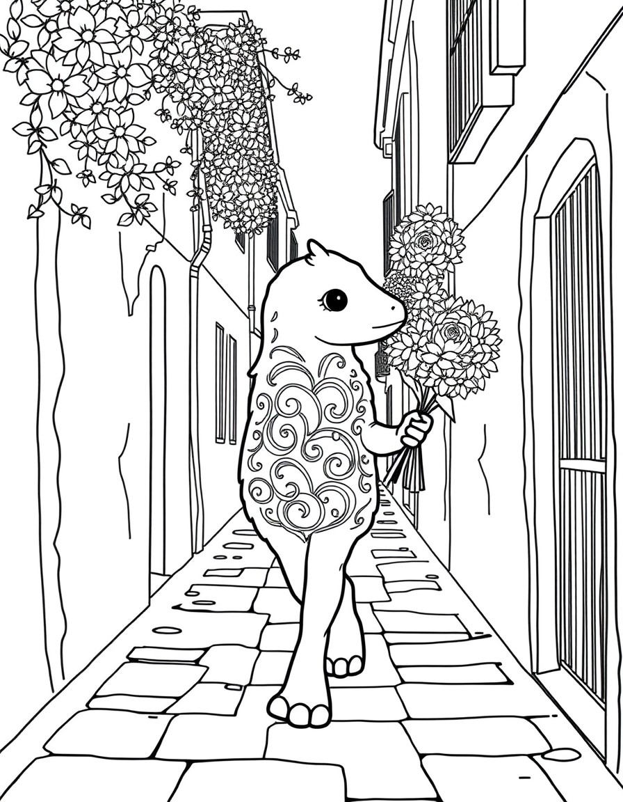 una galleta caminando por la calle con un ramo de flores en la mano