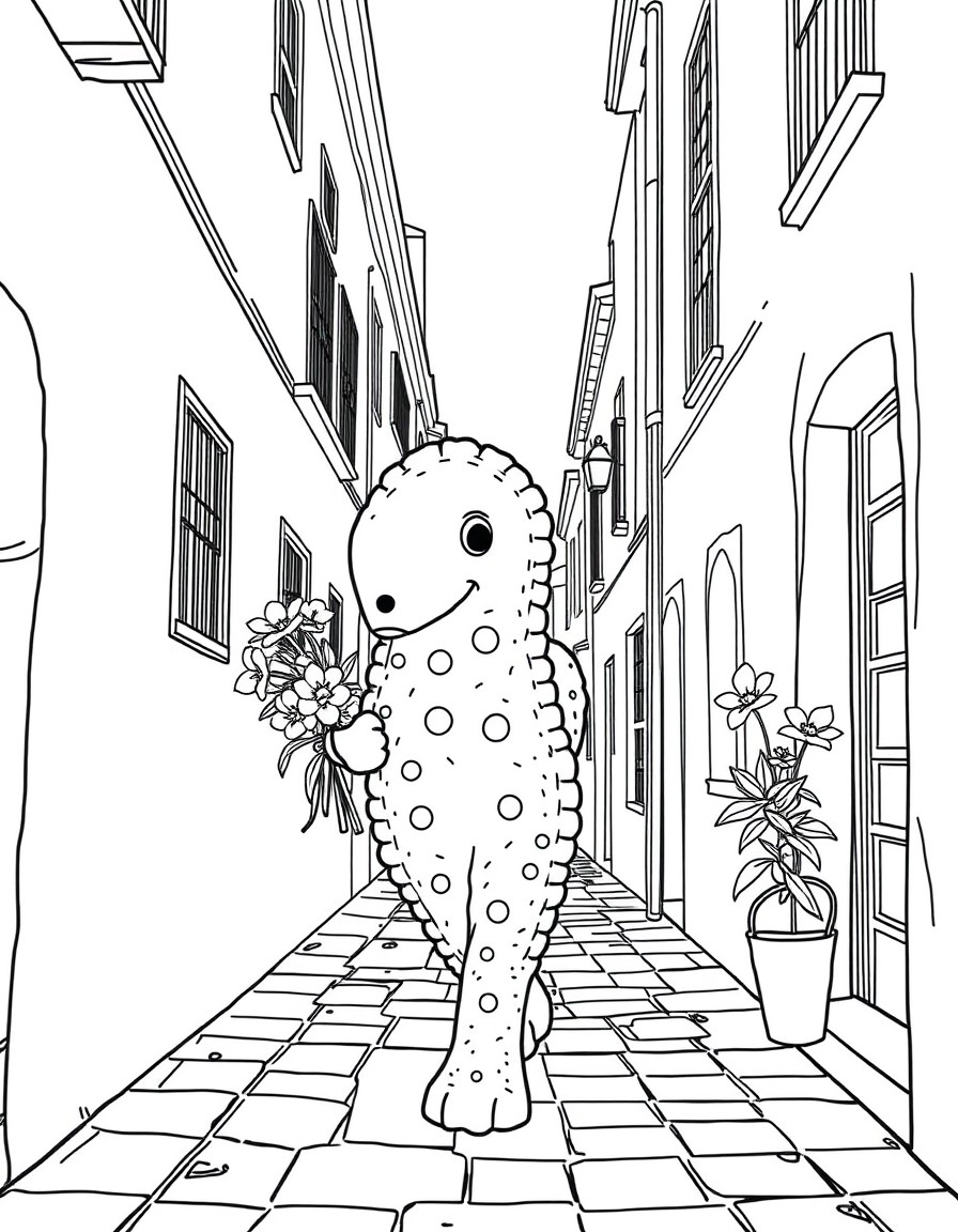 una galleta caminando por la calle con un ramo de flores en la mano