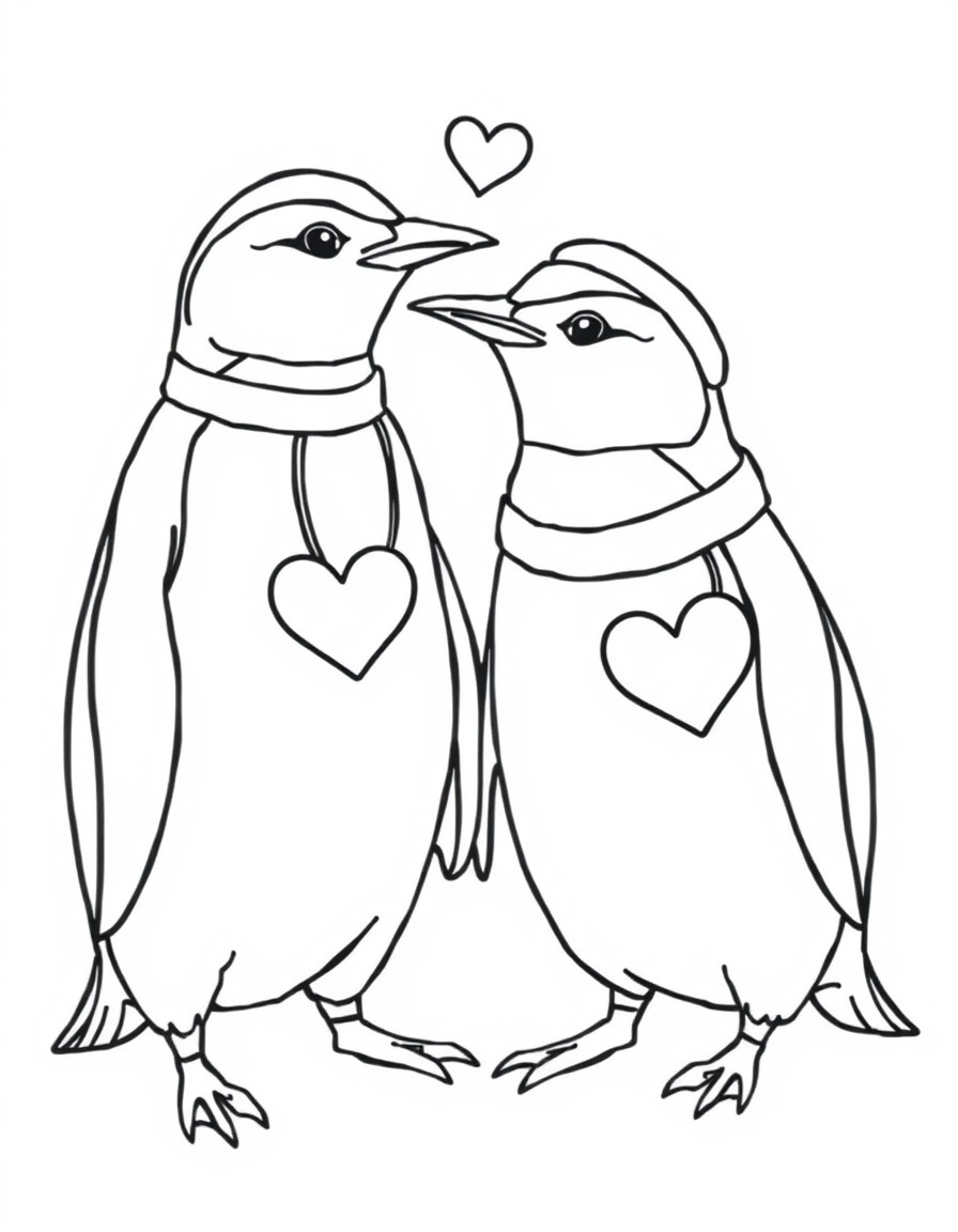 Un couple de pingouins amoureux" "Des animaux portant des accessoires de Saint-Valentin"