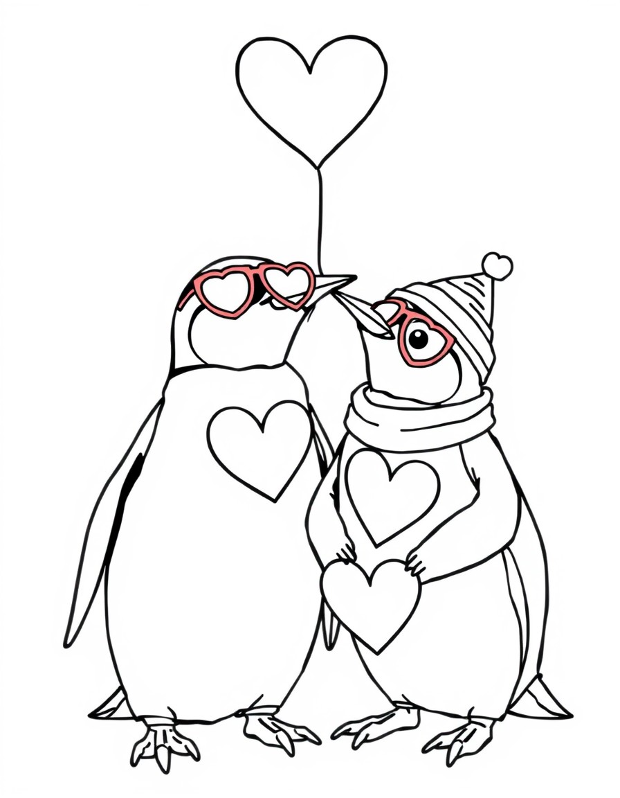 Un couple de pingouins amoureux" "Des animaux portant des accessoires de Saint-Valentin"