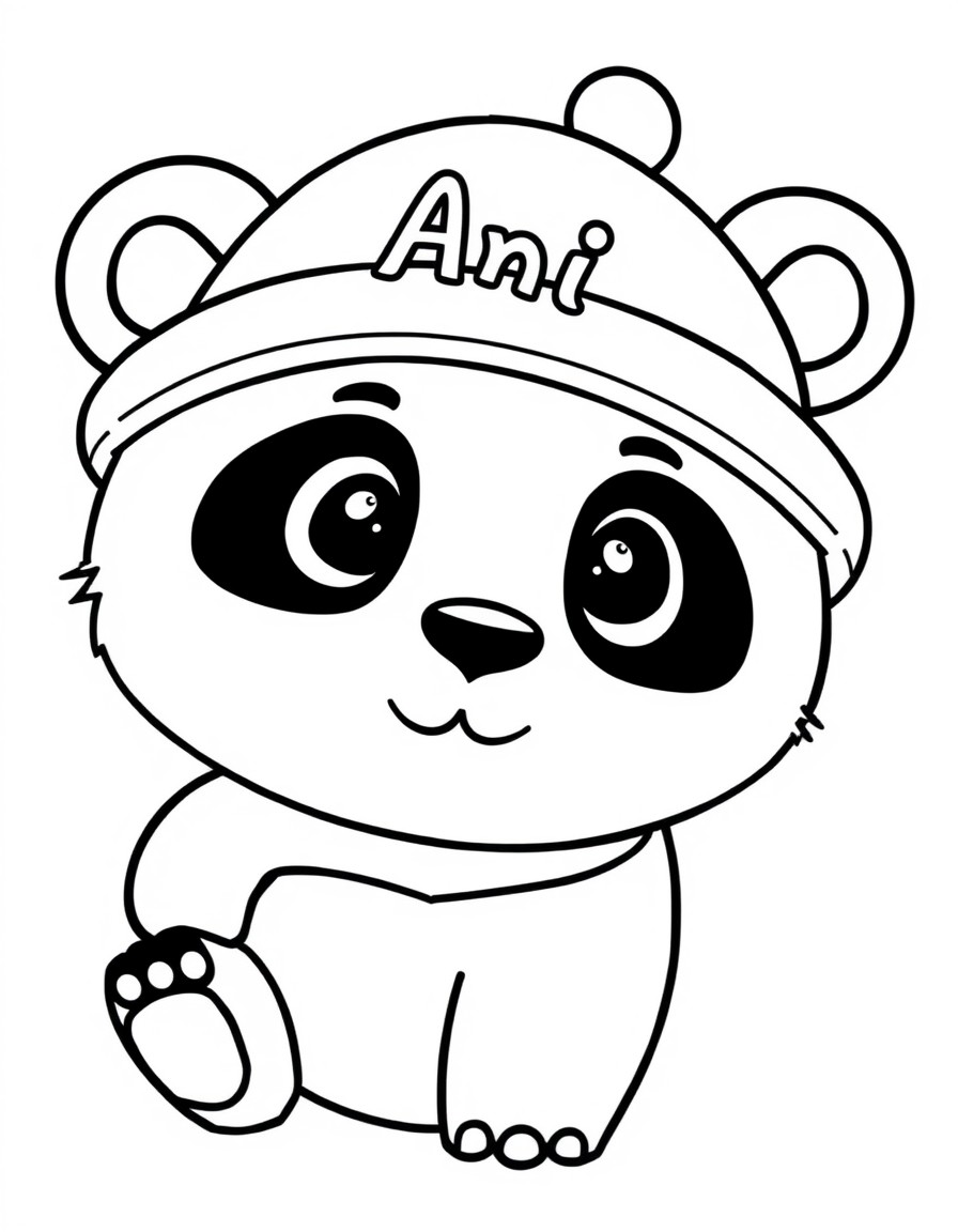 A cute panda with a hat that has the name '' on it