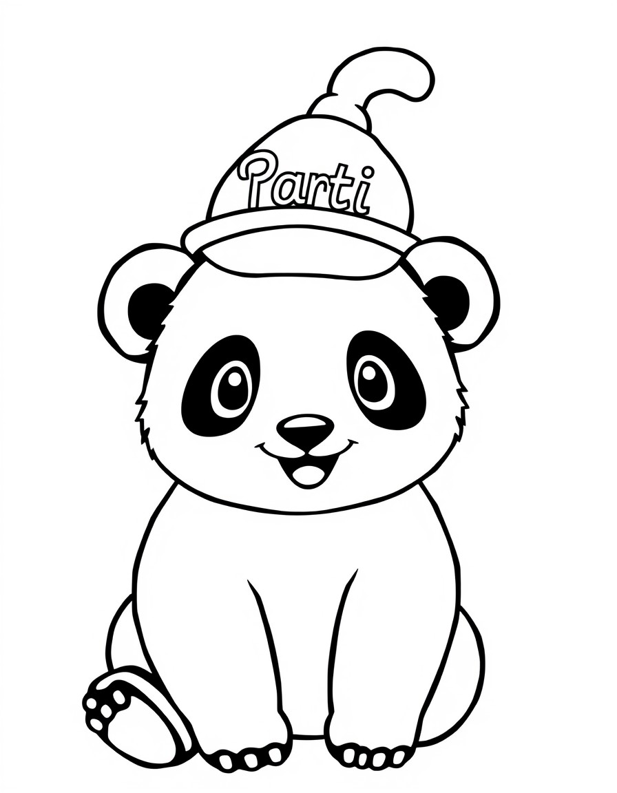 A cute panda with a hat that has the name '' on it