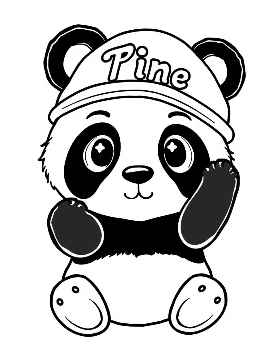 A cute panda with a hat that has the name '' on it